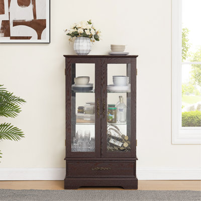 Lighted Glass Curio Cabinet with Adjustable Shelves - Elegant 2-Door Display Cabinet & Built-in Drawer, Includes Bulb