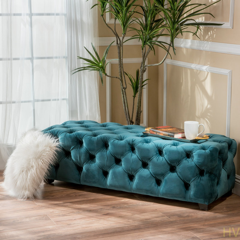 Banc de repose-pieds capitonné en velours OTTOMAN, Sarcelle