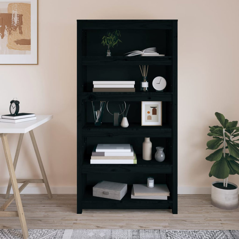 Shinn 154cm H Solid Wood Standard Bookcase, Black, 154cm H x 80cm W x 35cm D