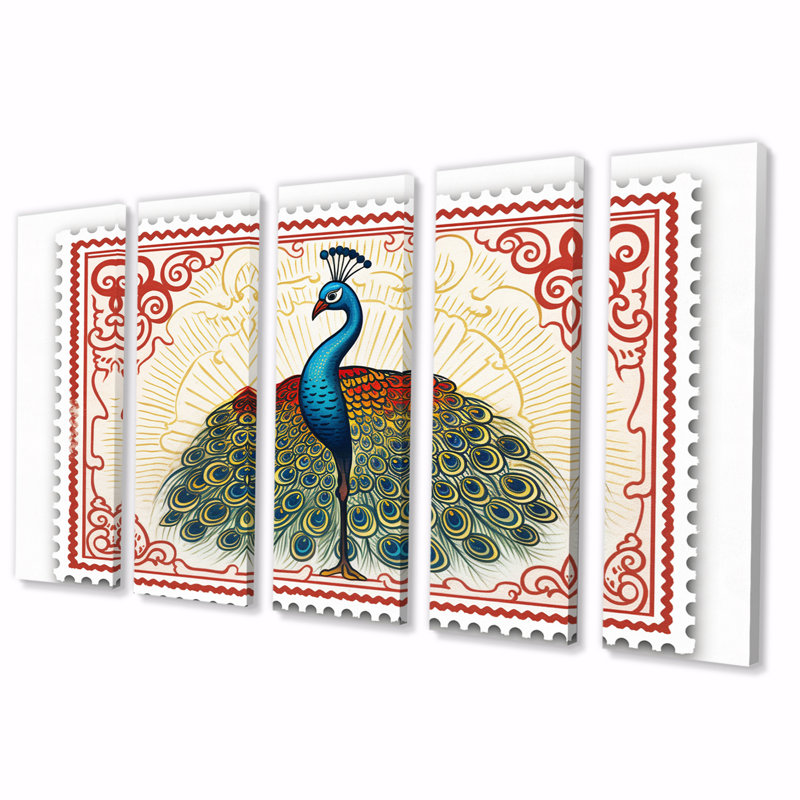 Illustration de timbre de Glorious Peacock IV - reproduction d'art sur toile, 5 panneaux égaux