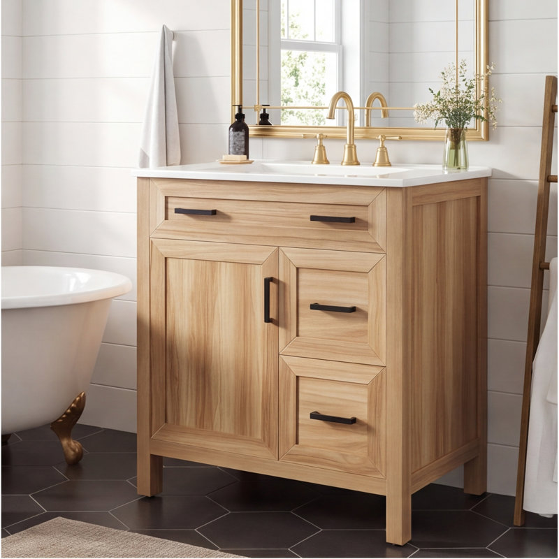 Meuble-lavabo de salle de bain de 76 cm (30 po) en bois d'acacia avec cadre en bois massif, portes et tiroirs à fermeture amortie, tablette réglable, meuble de rangement moderne
