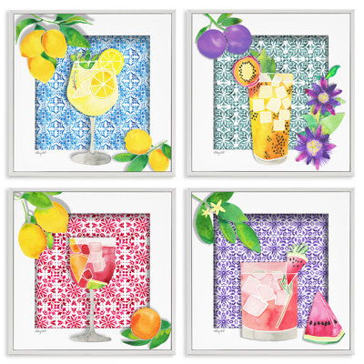 Bright Patterned Fruit Cocktails 4pc Framed Giclee Set, design by Hillary Holt