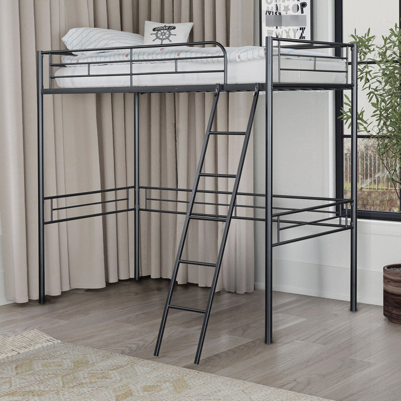 Lit mezzanine simple avec design contemporain, tube en métal noir, encastré, pour la décoration d'une petite chambre à coucher avec structure et environnements compacts appropriés