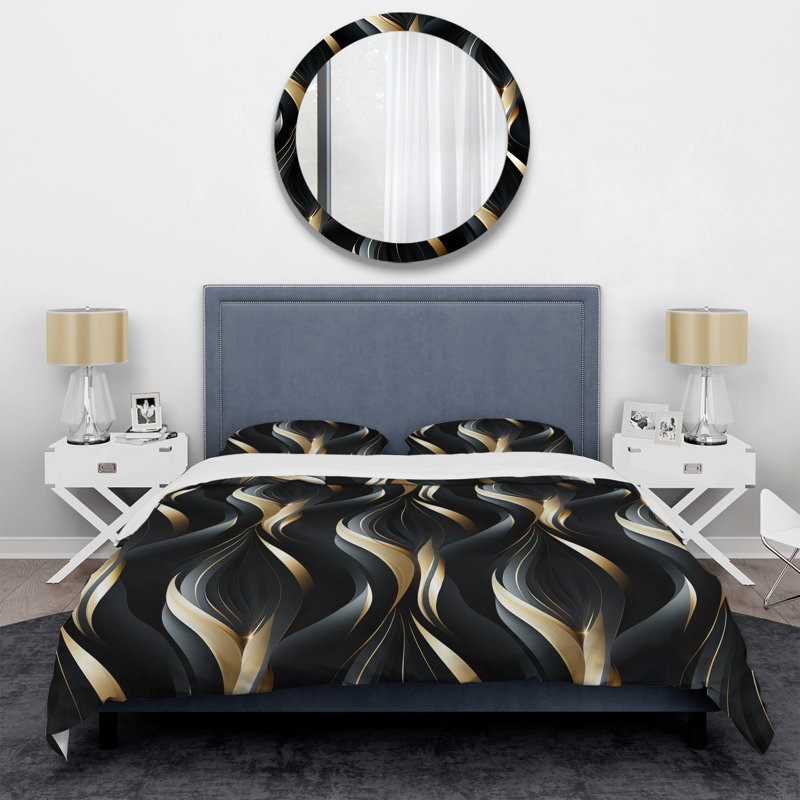 Ensemble de housse de couette à motif abstrait en polyester microfibre Mellow Yellow Harmony, Noir profond et abstrait doré