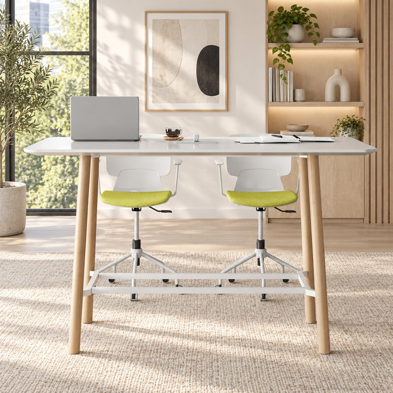 Table de salle de pause rectangulaire blanche de 63 pouces, table haute de 41 pouces de hauteur bar avec concentrateur d'alimentation intégré, ports USB-A, coins arrondis et pieds couleur bois
