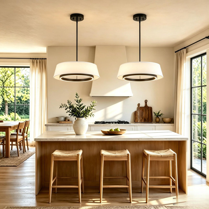 Modern LED Drum Pendant Light with Soft Fabric Shade and Adjustable Height