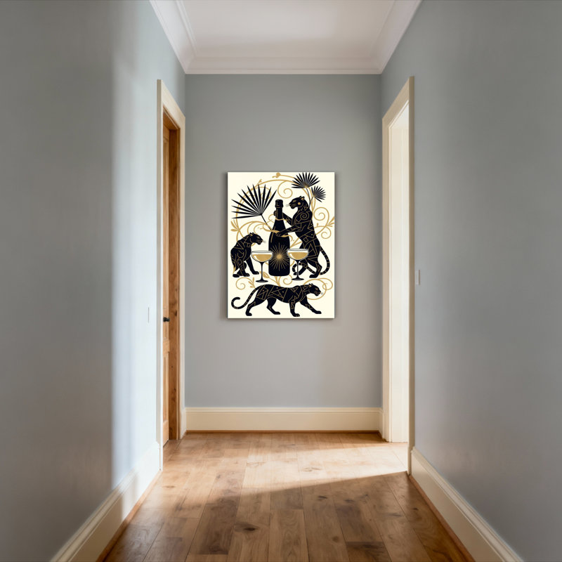 Ensemble de 1 tableau sur toile tendue représentant une panthère noire et une bouteille de vin, H 48 po x l 32 po
