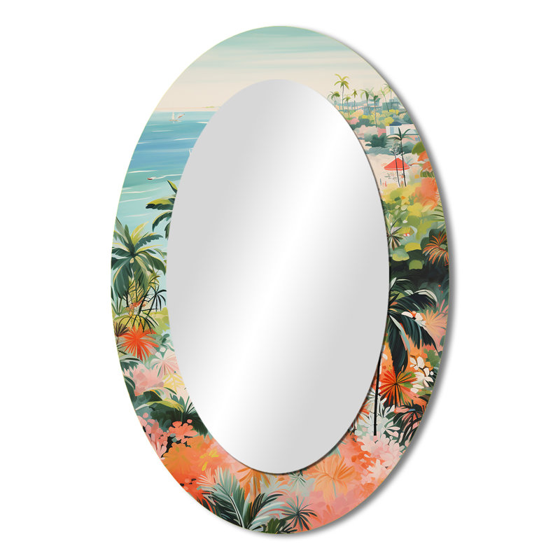 Pastel Color Coastal Beach Scene Paradise III - Pink Coastal Oval Wall Mirror, 36" H x 24" W