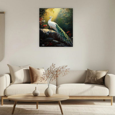 White Peacock With Green Feather Unframed Canvas Wall Art  24" X 36"