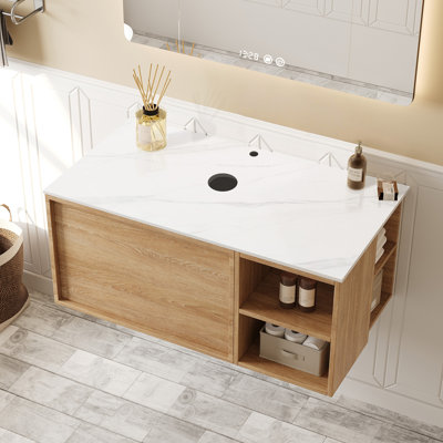 Modern Floating Bathroom Vanity (sink Not Included), 36" Wood Grain Cabinet With White Sintered Stone Top & Sink Prep Hole, Reversible Open Shelving