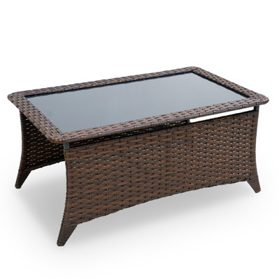  Outdoor Wicker Patio Coffee Table with Tempered Glass Top, Handwoven Rattan Table with Ottoman Storage Space, Powder Coated Steel Frame Patio Table for Porch Backyard Deck Poolside