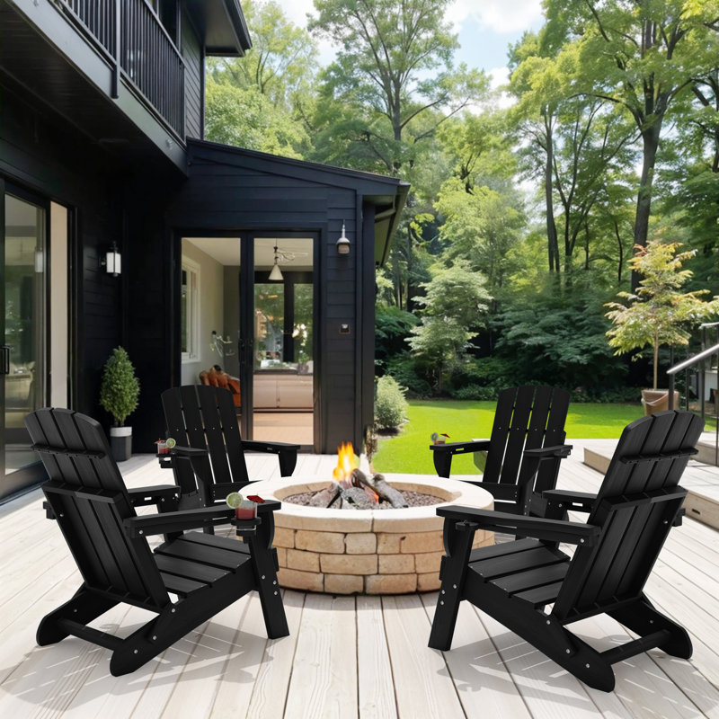 Haider Folding Adirondack Chairs Weather-Resistant HDPE Outdoor Firepit Chairs With Cup Holder, Black