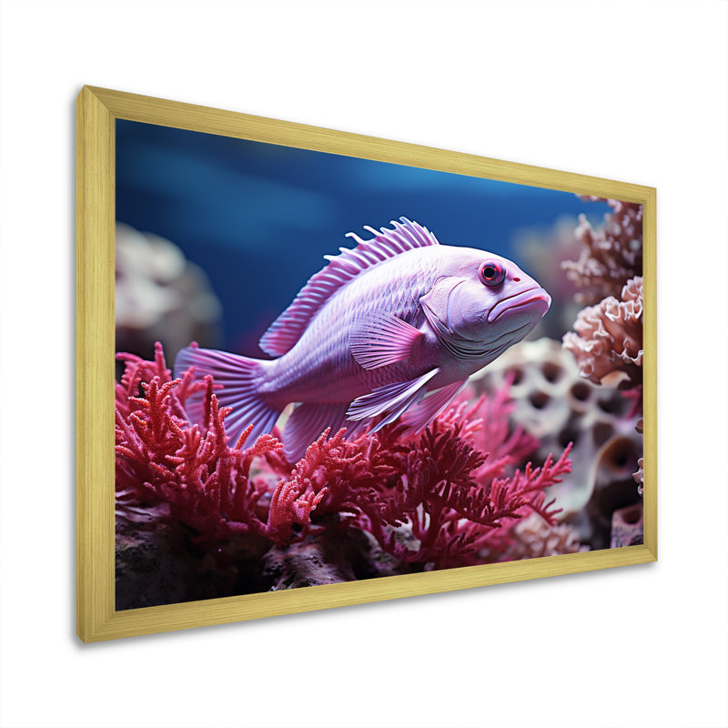 «Purple Fish Dance In Coral» sur toile, Cadre doré simple, H 24 po x l 32 po x P 1 po