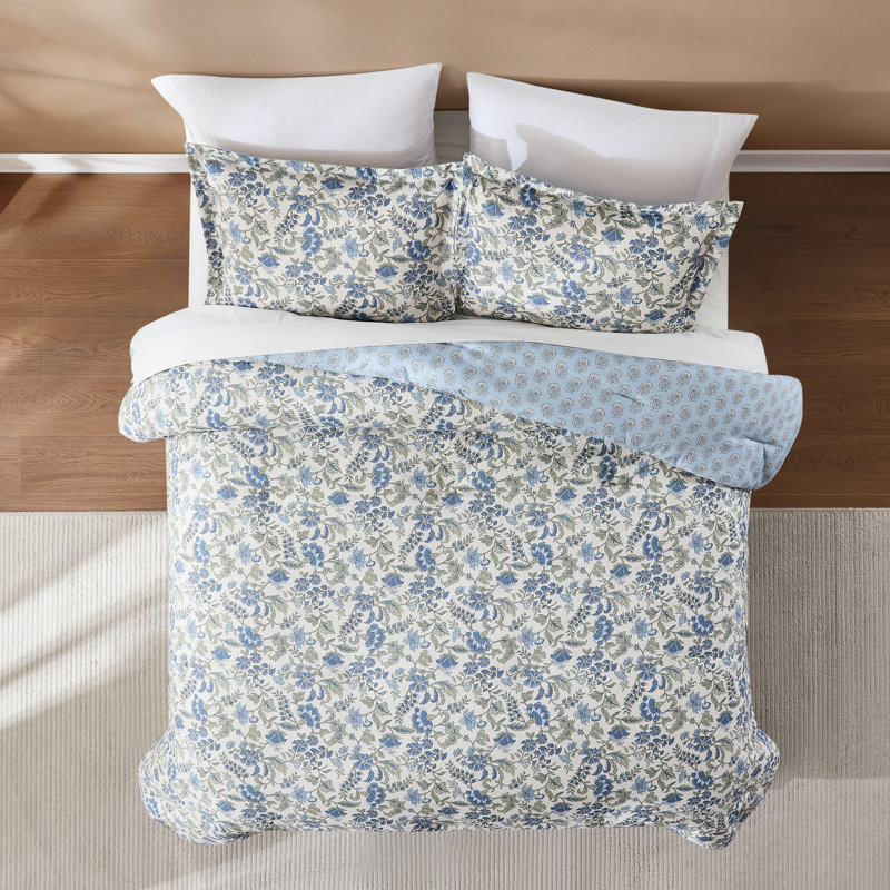 Lillian Block Print Reversible Comforter Blue/Sage 3Pc Set, Blue, King Comforter + 2 Shams
