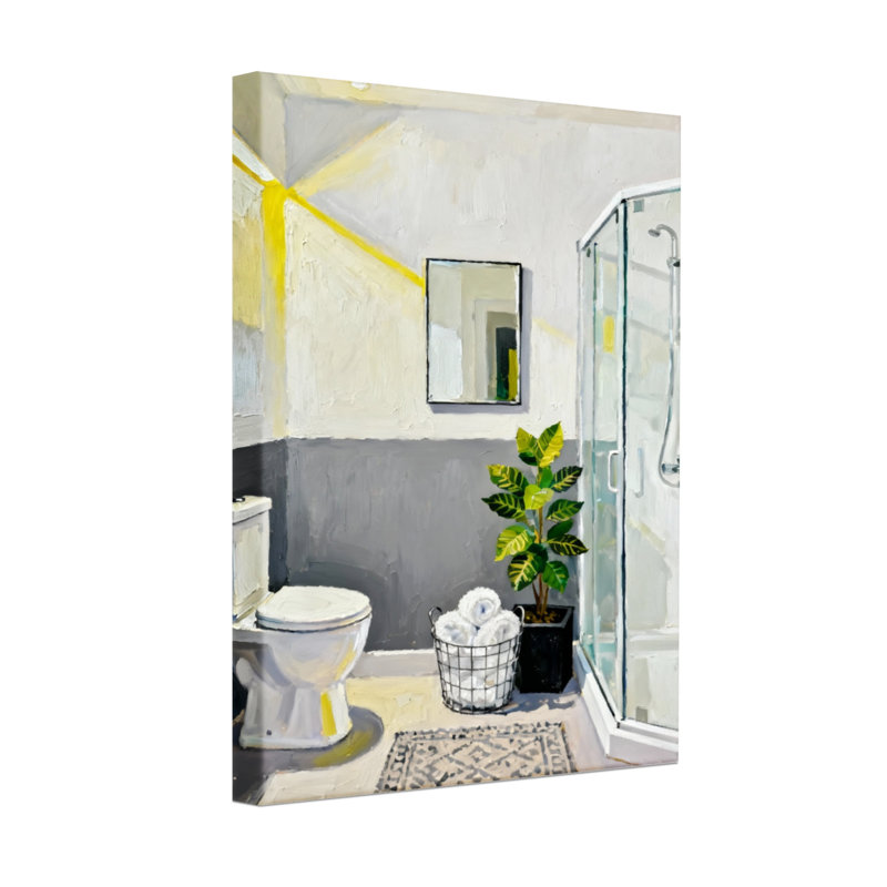 Salle de bain moderne avec bain et buanderie avec plante et douche, Impression encadrée sans passe-partout, Noir