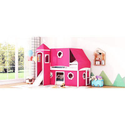Lit simple mezzanine rose avec toboggan et tour - bois massif, trois méthodes d'installation, aire de couchage de style maison de jeu en pin, façons de placer la tour, air frais pour de beaux rêves