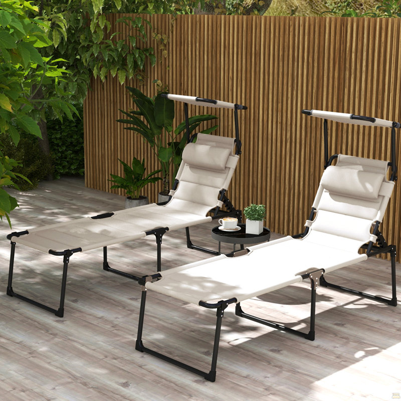 Chaise longue d'extérieur 2 pièces, chaise longue pliante à dossier réglable, chaise de bronzage coussinée avec toit pare-soleil et appui-tête
