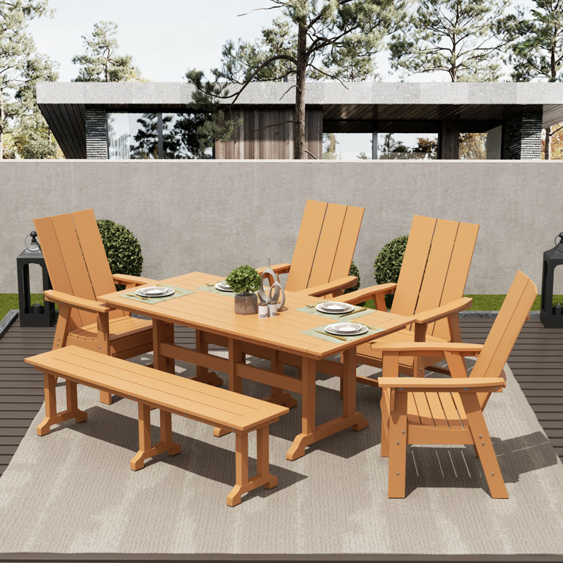 Joubert 6 - Person Patio Dining Set Umbrella Hole Included Rectangular Table, Teak