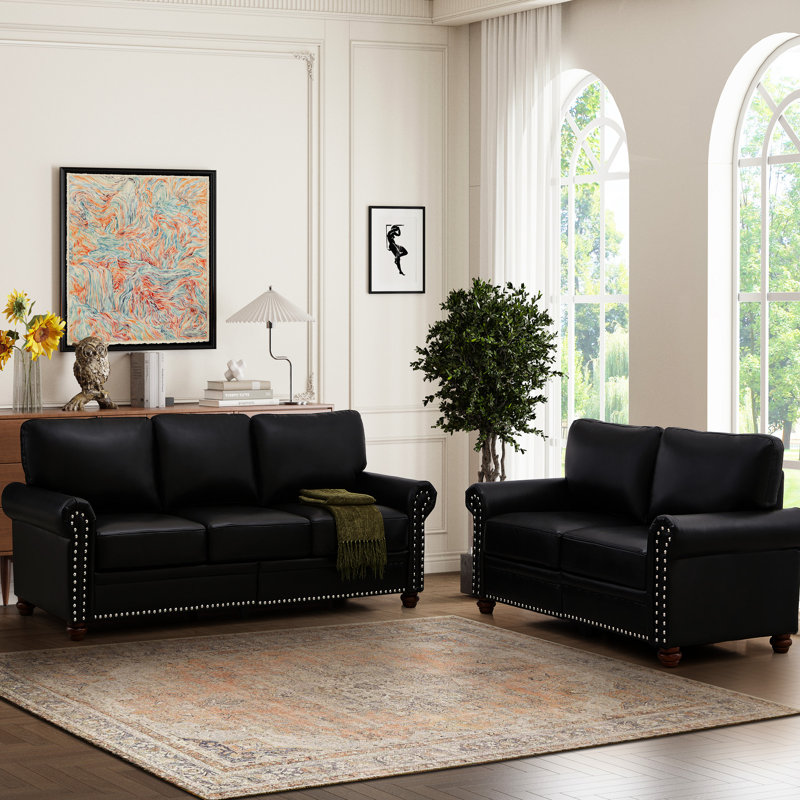 Canapé modulaire 2 + 3 avec compartiments de rangement dans le salon, similicuir noir, base en bois massif et en métal, rembourrage du coussin de dossier confortable, instructions d'assemblage faciles, rangement supplémentaire, cuir robuste