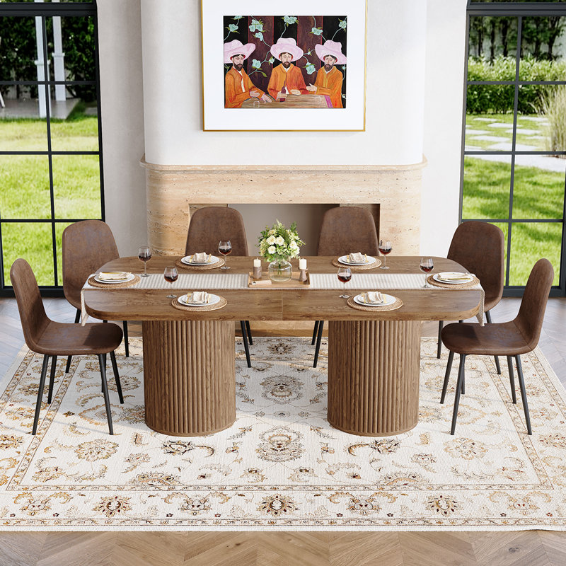 Modern Dining Table Set For 6/8/10 – 79" Dark Wood Dining Table With Dual Pedestal Base & Hidden Storage, Suede Upholstered Chairs, Large Kitchen & Dining Room Set
