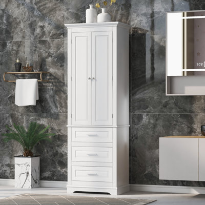 Modern Cornel Tall Storage Cabinet With 3 Drawers And 2 Doors For Bathroom/Office/Living Room, White