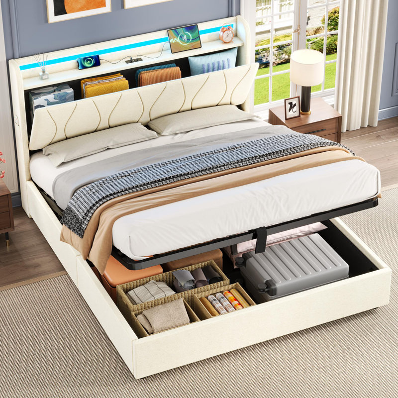 Upholstered Ottoman Storage Bed, Beige