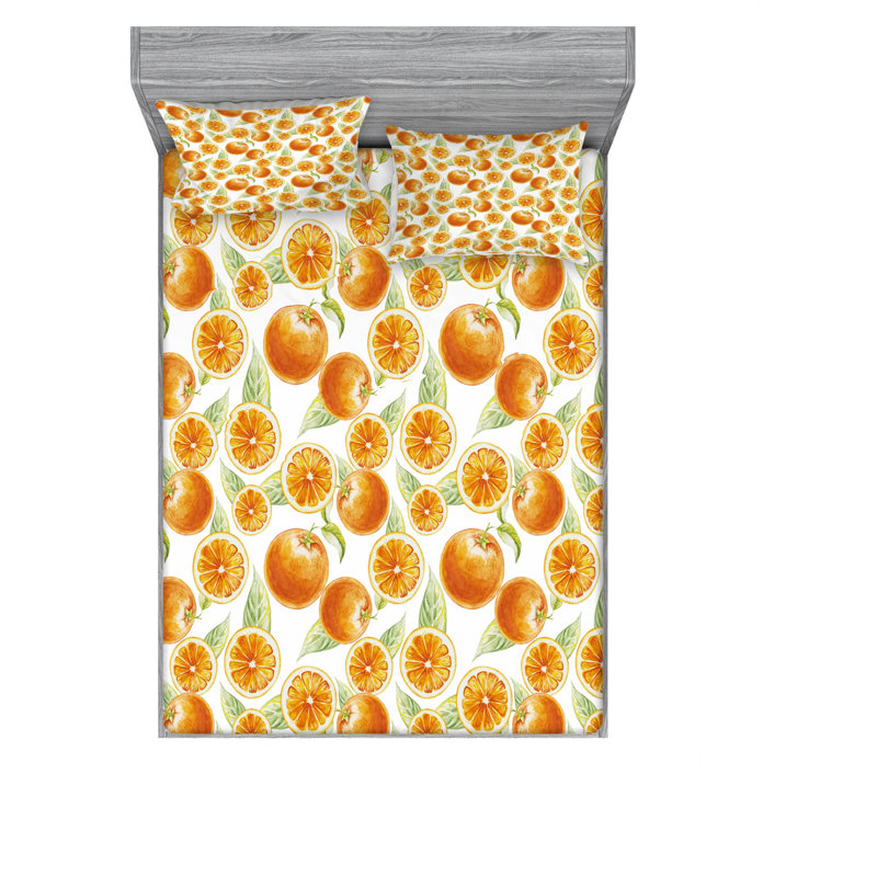 Microfiber Geometric Sheet Set, Queen Sheet Set with Fitted Sheet, Fruit Leaves Citrus