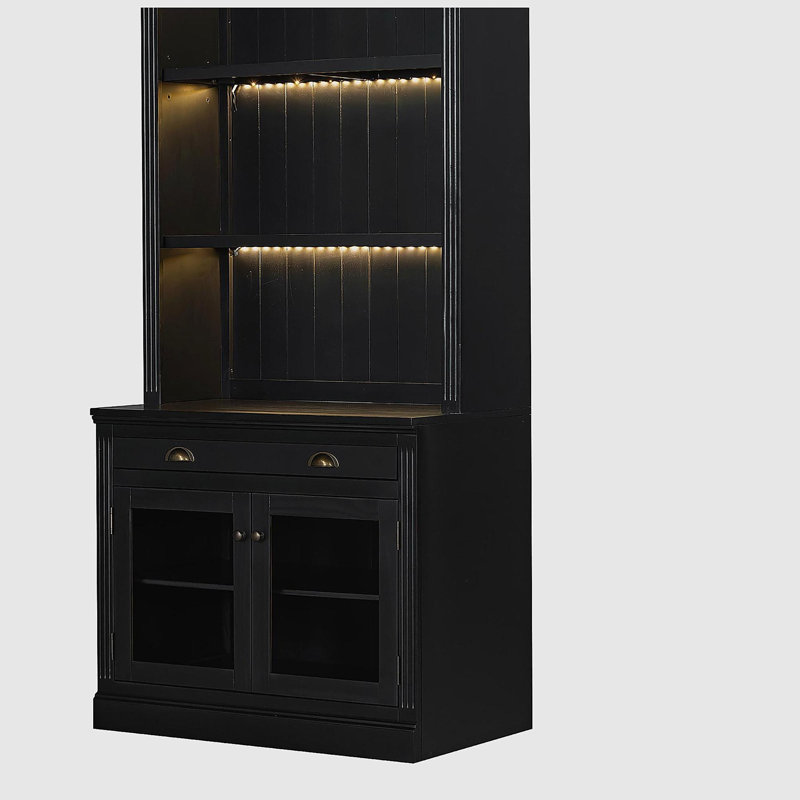 Bibliothèque moderne avec 2 portes en verre et 1 tiroir, bibliothèque de 83,4 po de hauteur avec éclairage DEL, bibliothèque de rangement avec tablettes ouvertes