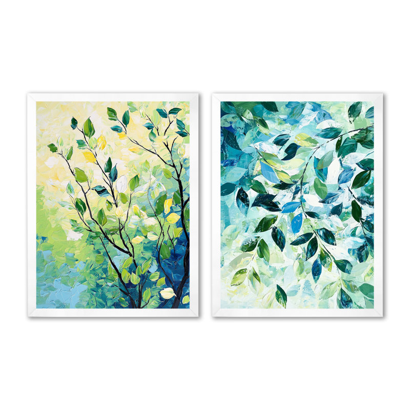 «Summer Green Branches in the Wind I», art mural sur toile à motif floral 2 pièces, H 32 po x l 48 po, White Picture Framed