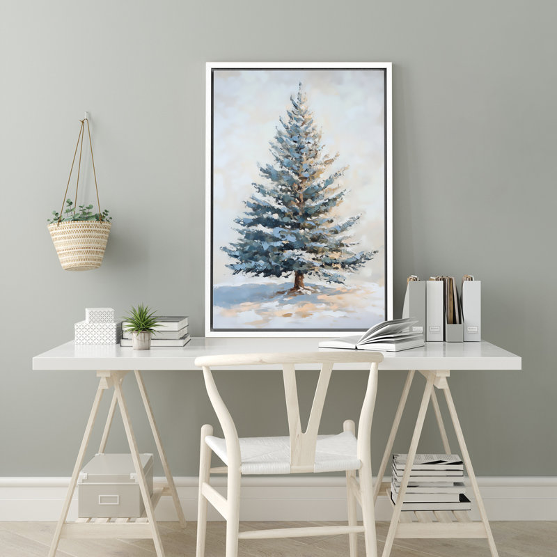 «Christmas Tree Snowy Winter Pine Tree Antique Blue Holiday Decor», reproduction d'art sur toile encadrée, Blanc