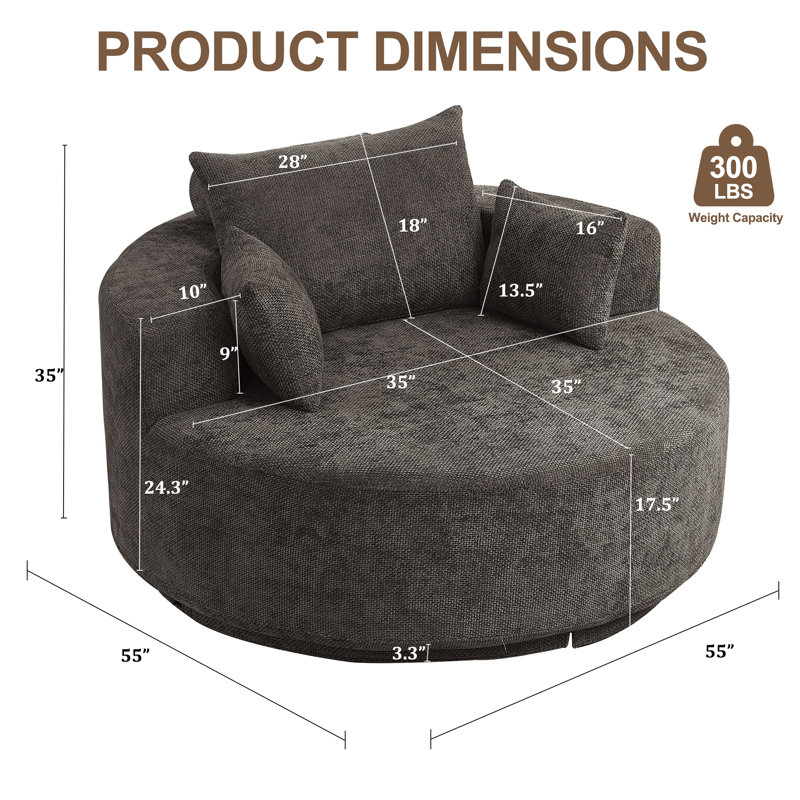 Fauteuil rond à compression de 55 po avec dossier rembourré et assise profonde, Grey