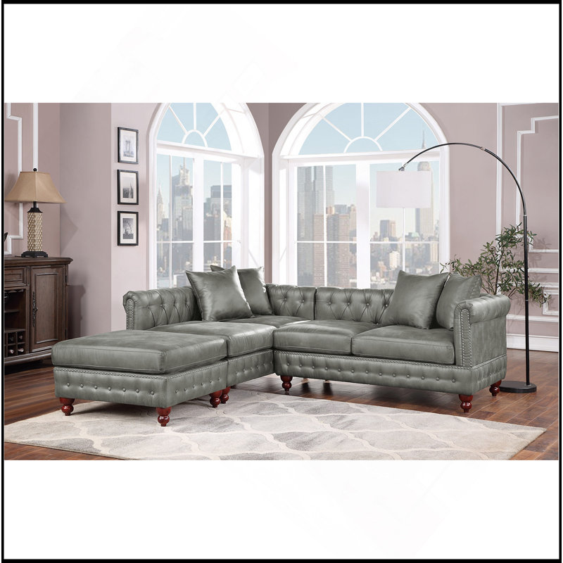 Ensemble de canapé modulaire 3 pièces réversible en similicuir respirant gris ardoise et 2 coussins de canapé capitonnés et 1 repose-pieds