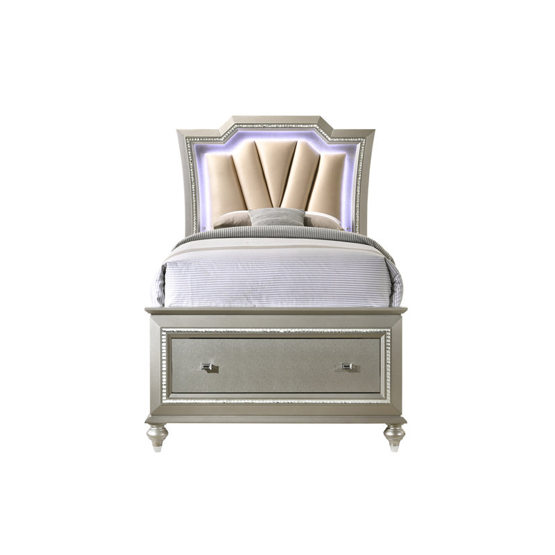 Lit double - Champagne, revêtement en cuir synthétique, rangement à DEL et espace de rangement chic, revêtement