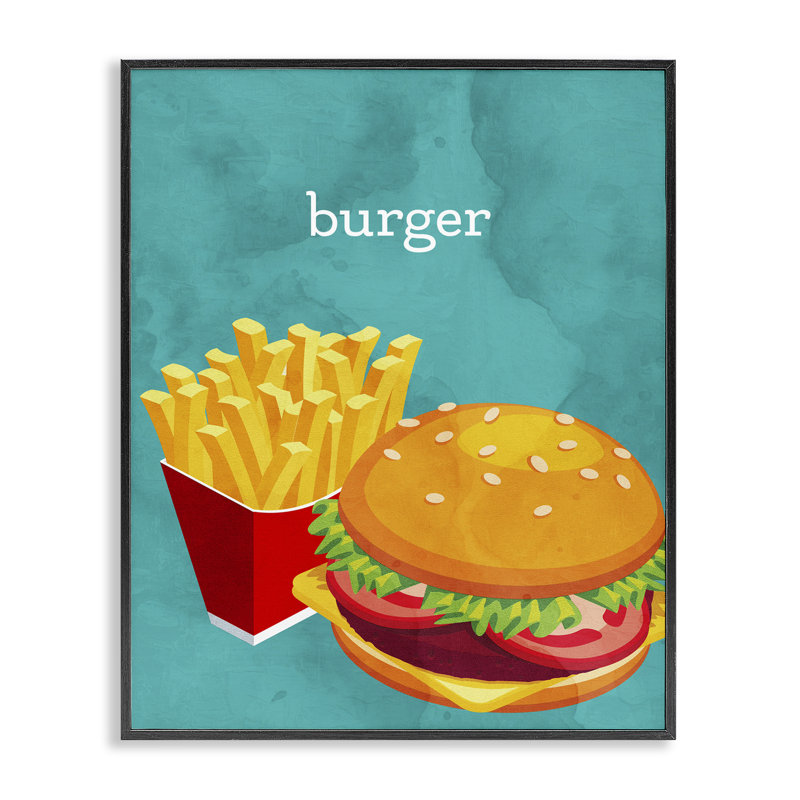 «Satisfiant Burger & Fries», estampe numérique, conception de Kim Allen, H 30 po x l 24 po, Giclée encadrée noir minuit
