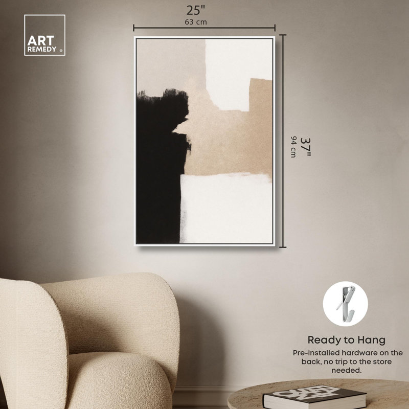 Décoration murale neutre sur toile beige et noir I , H 37 po x l 25 po, Cadre flottant blanc