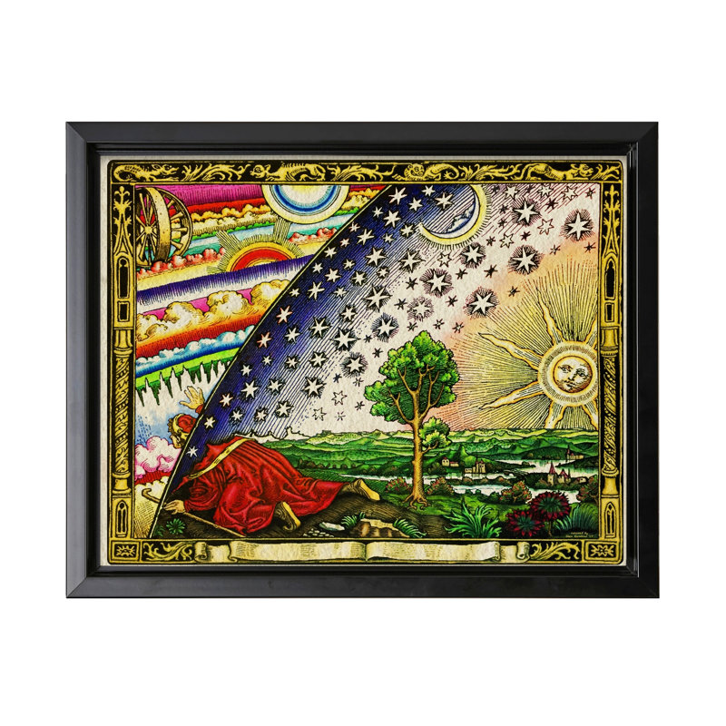Flammarion gravant une carte de la terre, Cadre noir, Canevas, H 16 po x l 20 po