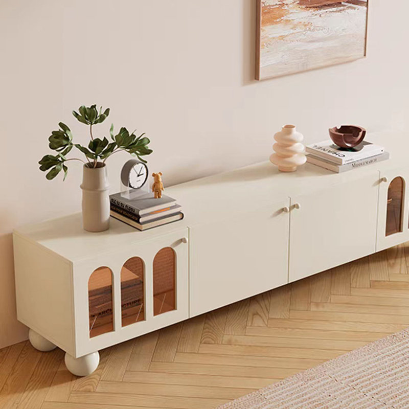 Meuble télé en bois massif de style crème moderne, 82.67", Blanc / Blanc