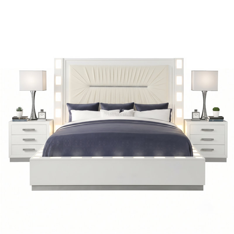 Janata Queen 3PC Bedroom Set Milky White, 3 Pieces: Bed, 2 Nightstands, Queen