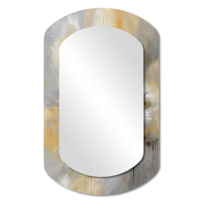 Jaune et gris au-delà de la toile I - miroir décoratif cylindrique abstrait, grand miroir mural asymétrique moderne, impression sur métal