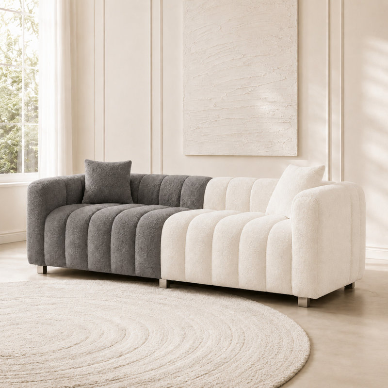 84" Modern Velvet Upholstered Sofa with Low Backrest, 3-Seater Couch, White/Gray