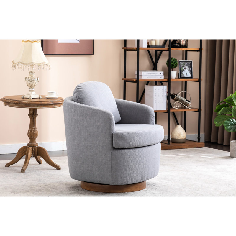Chaise pivotante moderne avec revêtement en lin bleu et base en bois brun confortable pour les espaces de vie, Lin bleu clair
