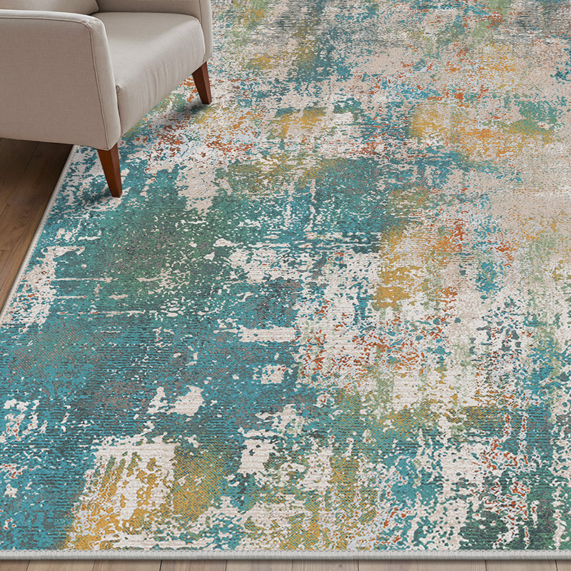 Pavelina Abstract Morden Machine Washable Non-Slip Teal / Beige Indoor Area Rug , Rectangle 8' x 10', Teal