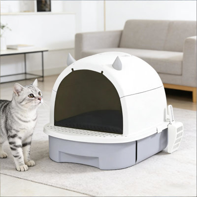 Cat Litter Box With Privacy And Odor - Controlling Function, Bottom Drawer For Hassle Cleaning, Retention Feature, Carrying Handle, White, Polypropylene, Kittens Easy To Maintain Translucent Flap,