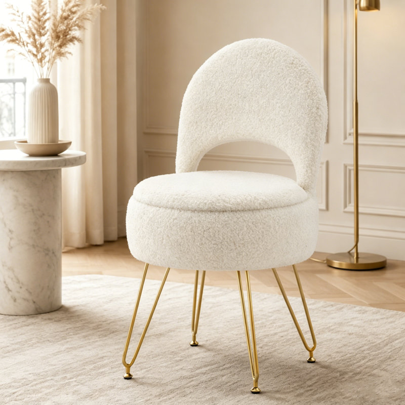 Tabouret de coiffeuse rembourrÃ© avec rangement et dossier rabattable, White