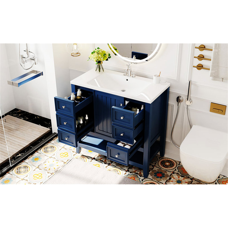 Ensemble de meuble-lavabo 36 po avec lavabo, une armoire et trois tiroirs, bois massif et panneau de fibres à densité moyenne