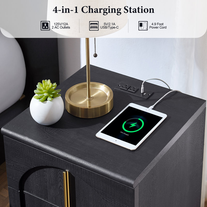 18'' W Modern Nightstand with Charging Station, Wood Square Bedside with 3 Large Drawers, Black