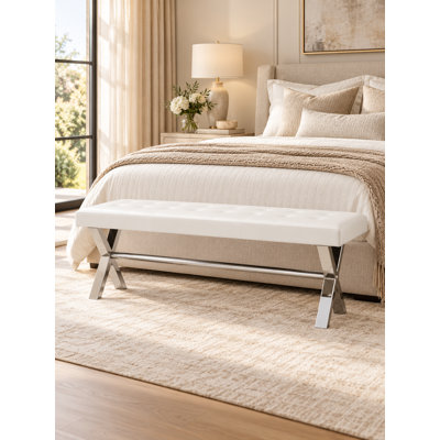 Beverly Modern Faux Leather Upholstered Bench with Tufted Seat and Polished Stainless Steel X-Legs – Black or White