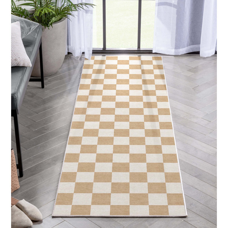 Tapis carré jaune à motif géométrique Kehr, Tapis de couloir 2 pi x 5 pi