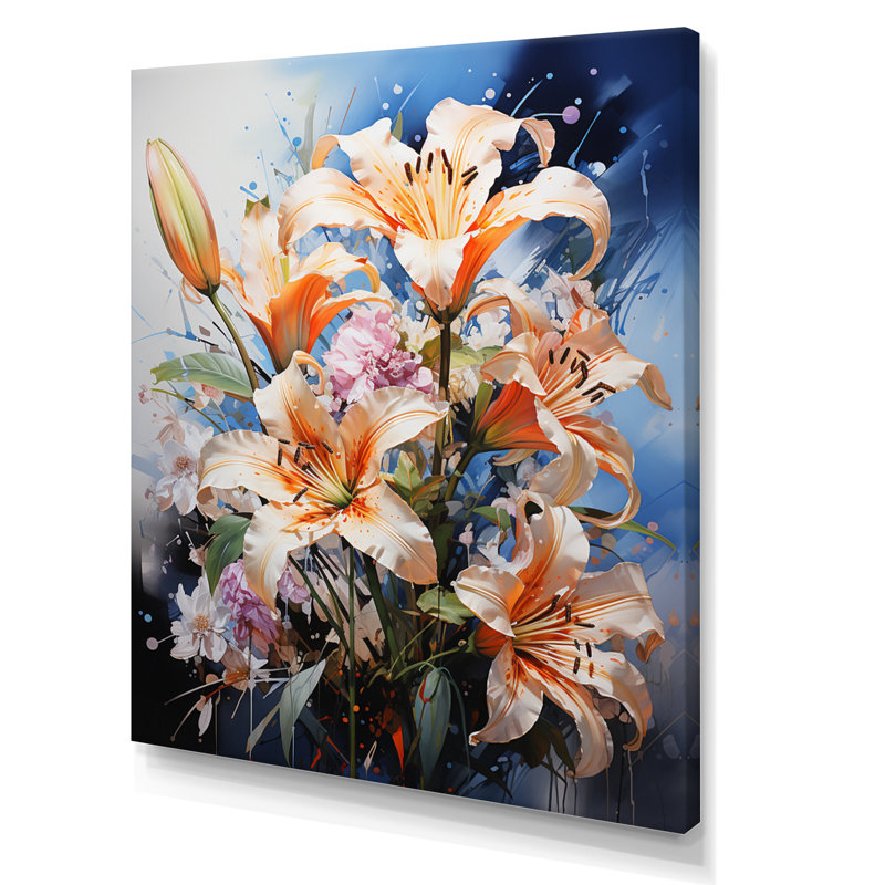 Représentation de lys, acrylique multicolore I sur toile, H 32 po x l 24 po x P 1 po