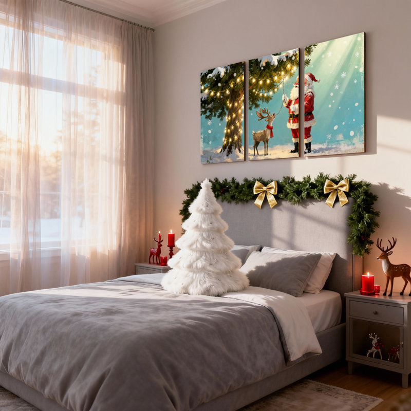 Noël, père Noël et renne dans la forêt d'hiver, ensemble de 3 impressions sur toile, H 24 po x l 48 po